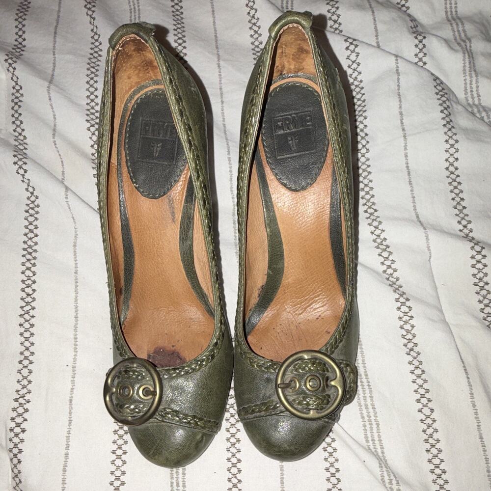 Frye Womens Green Leather Pumps Wedge Heel Round Toe Braided Buckle Slip On